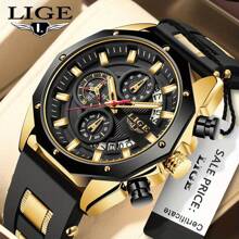 LIGE LlGE 男士手表品牌奢华硅胶表带防水运动石英表男士计时码表军用钟表 - 黑色 - 查看 8