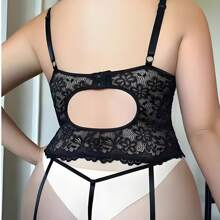 Women Sexy Lace Hollow Out Lingerie Bodysuits Hot Selling G-String Three Piece Set Bow Lingerie Women Sexy High Quality Elegant Sensual Transparent Lingerie For Women Floral Embroidery Hollow Design Lace For Lingerie Women's Underwear - màu đen - Xem 3