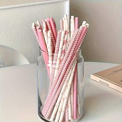 100 piezas de pajitas de papel premium a rayas rosa y blanco, a prueba de fugas y sin desteñir, adecuadas para fiestas y uso diario, perfectas para decoración de cumpleaños, días festivos, barbacoas y postres, estilos aleatorios