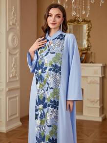 Elegant Moroccan Caftan Robe For Women, Embroidered Stitching Patchwork Design, Long Length, Modest - Blue - View 2