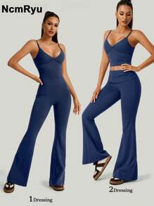 NcmRyu Women Solid Color Y-Back Padded Camisole And High Waist Flare Legs Pants Sports Suit, Slimming