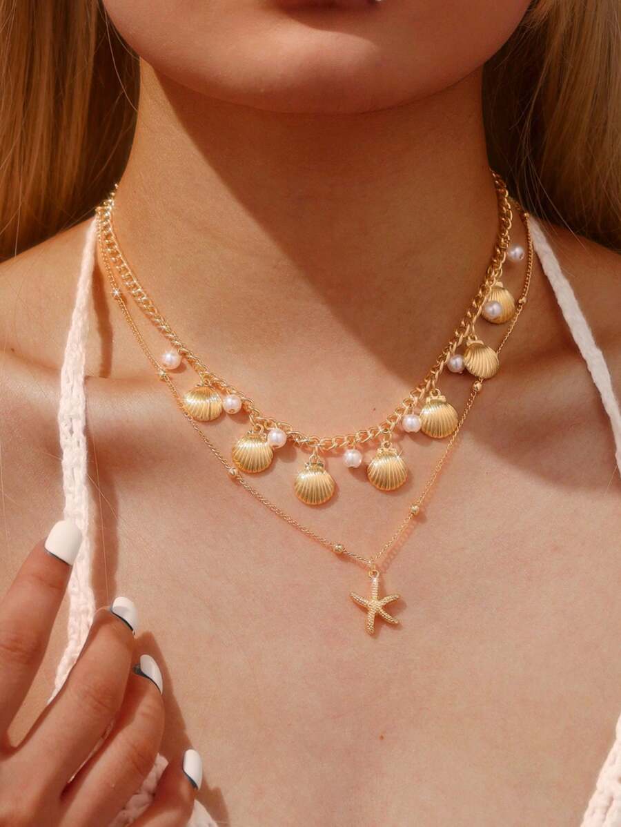 Collar colgante de moda de verano para mujer con colgante de metal con forma de estrella de mar y concha, joyería de uso diario y para citas, de alta gama y versátil