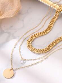 Nooxian 3 件套女士多层项链套装，配有经典圆形闪光吊坠和闪亮方晶锆石，适合海滩和度假佩戴 - 金黃色 - 查看 3