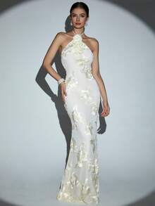 Women Handmade Floral Studded Mesh Long Sleeveless Bodycon Dress, Sexy Backless Design, Suitable For Banquets, Galas And Fashion Shows, Party Dress, Wedding Guest Dress, Prom Dress