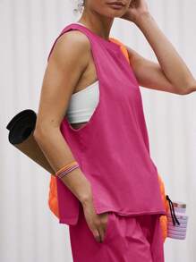 Women's Summer 2 Piece Outfits Sleeveless Tank Tops And Wide Leg Pocketed Pants Workout Sweat Sets - Màu Hồng Tươi - Xem 2