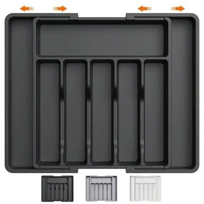 1 Stück Silber Besteckschublade Organizer, erweiterbares Besteckfach für Küchenutensilien, Besteck- und Messerhalter, einstellbare Kunststoff-Aufbewahrungsfächer für Löffel, Gabeln, Messer, Großformat