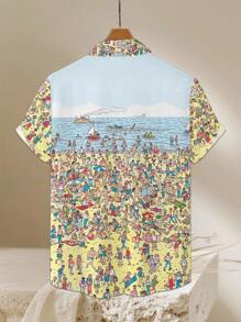 Camisa casual de manga corta con estampado de tiburón para hombres, ideal para el verano y las vacaciones en la playa