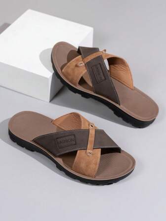 2025 New Men's Colorblock Slide Sandals, Letter Logo Criss-Cross Strap, Lightweight Beach Outdoor Casual Breathable Street Fashion Slippers