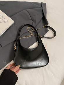 1pc Solid Color Emboss Letter Crescent Moon Bag, PU Material Handbag With Metal Chain Crossbody, Zipper Closure, Elegant Women Shoulder Bag Suitable For Daily, Dating, Shopping, Party, Gift - Black - View 4