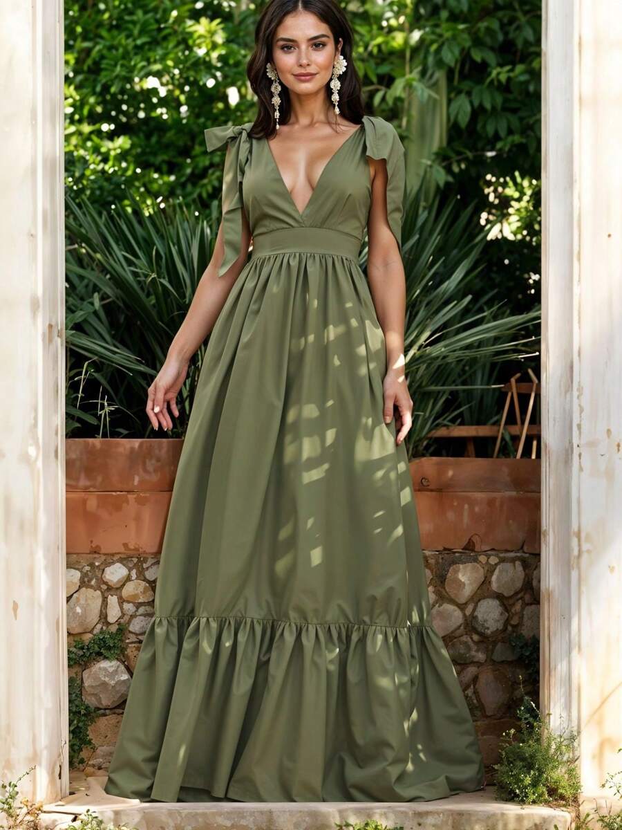 Vestido Largo de Primavera/Verano con Hombros Descubiertos y Cordón Ajustable con Escote en V o Pico Profundo y Volante Bajo Casual para Mujer - Verde militar - Ver 1