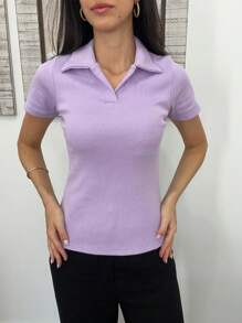 Women's Casual Elegant Polo Neck Shirt BlouseCasualElegantCuteCottonOffice - 紫丁香色 - 查看 3
