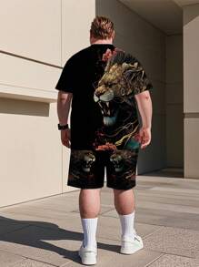 1 Set Plus Size Men's Numeric Print Round Neck Short Sleeve T-Shirt And Shorts Set, Casual Sports Style, All-Over Animal Pattern