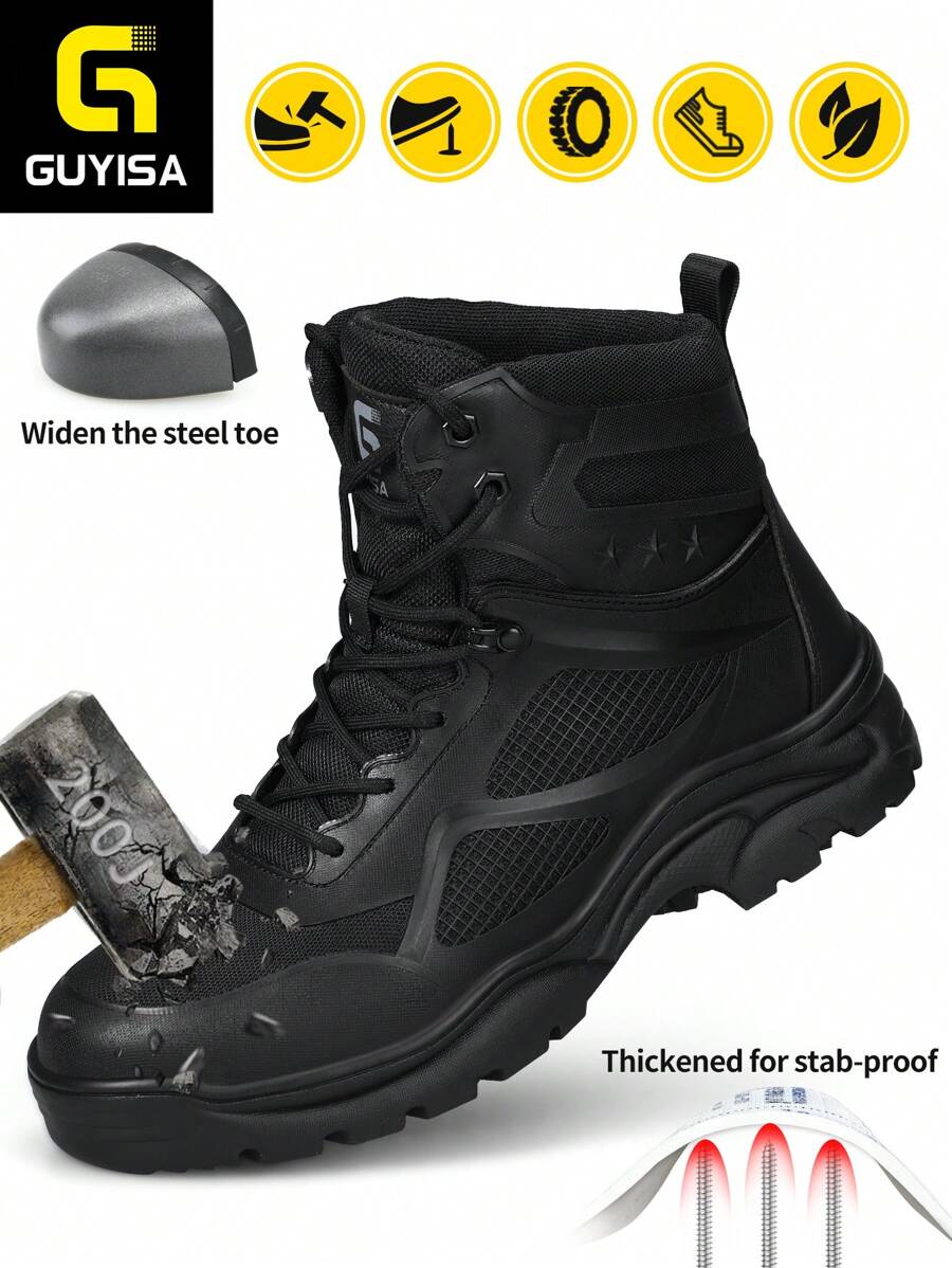 GUYISA Giày nữ mũi thép chống va đập chống đâm thủng chống mài mòn mềm mại thoáng khí cổ cao màu đen giày bảo hộ lao động ngoài trời nhà máy (Kích thước giày hơi lớn. Nhỏ hơn một cỡ sẽ phù hợp hơn.)