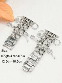 1PC Silver Sparkling Leather Chain Watch Bands With Love Pendant Zinc Alloy Straps 38/40/41/42mm 42/44/45/46/49mm Compatible With Apple Watch Ultra 2/SE/10/9/8/7/6/5/4/3/2/1