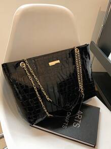 Fashionable Retro Large Capacity Crocodile Pattern Women Shoulder Tote Bag - Black - View 8