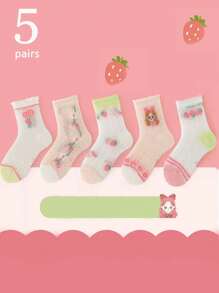 5 Pairs Cartoon Strawberry Princess Mesh Spring/Autumn Mid-Calf Socks, Versatile Multi-Color - Multicolor - View 1