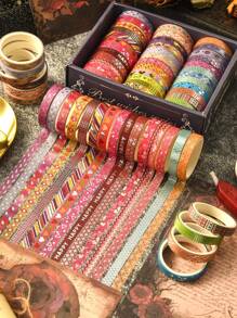 36 Rolls/Box Of Handbook Tape, Bronzing And Silver Stamping Process, Retro Pinstripe Pattern, Heart, Bow And Other Creative Patterns, Handbook Material Landscaping Tape, Gifts For Friends - Multicolor - View 2