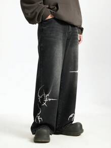 INFLATION Men's Simple Casual Front Button Pocket Print Denim Jeans, Emo Style, Grunge - Black - View 4