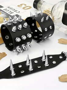 铆钉朋克风真皮手链，男女皆宜，朋克摇滚铆钉手链套装，黑色真皮铆钉朋克手链，环绕式手链，金属扣腕带，适合日常佩戴和送礼 - 黑色 - 查看 3