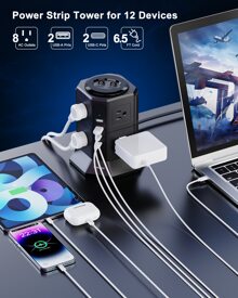 12-In-1 Tower Power Strips With Surge Protection 1080J, 8 Outlets With 4 USB Ports (2 USB C), 6.5 Long Extension Cord With Multiple Outlets 1250W/10A Flat Plug Power Strip Protector - Xem 2