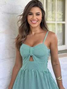 Long Dress With Straps And Striped Cups In Crepe Fabric H-2 - Dark Green - View 2
