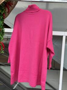 WOMEN'S HIGH NECK MODAL KNITTING PONCHO - 玫紅色 - 查看 2