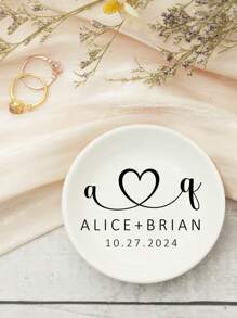 1/2/5Pcs Personalized Name Date Ceramic Ring Plates, Custom Jewelry Boxes, Customized Bride Engagement Gifts, Customizable First Marriage Ring Plates, Bride And Groom Gifts, Bride Proposal Gifts, Bride Showers, Anniversary Gifts, Personalized Ring Plates