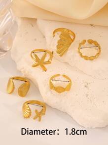 Juego de 6 anillos con diseño de acero inoxidable de la serie oceánica con estrellas de mar, coral y conchas, un diseño versátil y creativo para que las mujeres los usen a diario, adecuado para el verano - Amarillo Oro - Ver 9