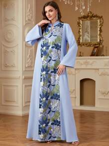 Elegant Moroccan Caftan Robe For Women, Embroidered Stitching Patchwork Design, Long Length, Modest - Blue - View 1