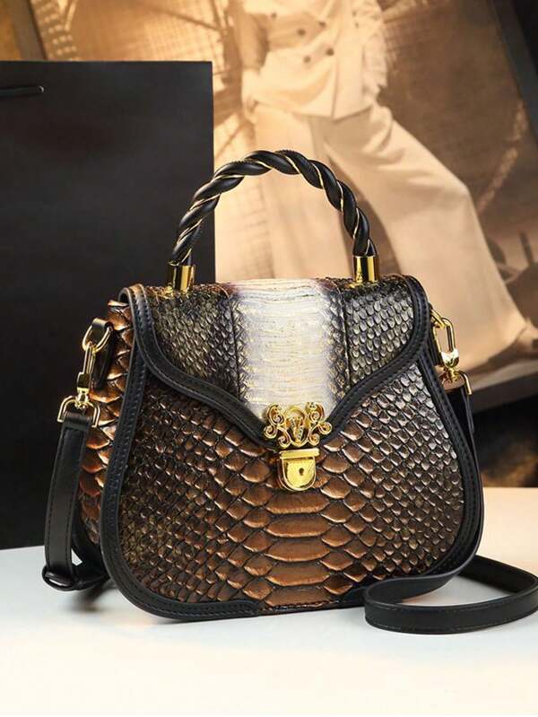 2025 New Accordion Design Handbag, High-Quality Niche Brand Shoulder Crossbody Small Bag, 2025 New Fashionable Dual-Tone Crocodile Pattern Tote Bag, Versatile Shoulder Messenger Bag
