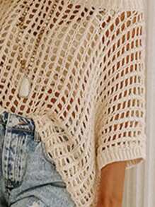 Summer Elegance Hollow-Out Short Sleeve Knit Sweater, Women's Beach Cover-Up