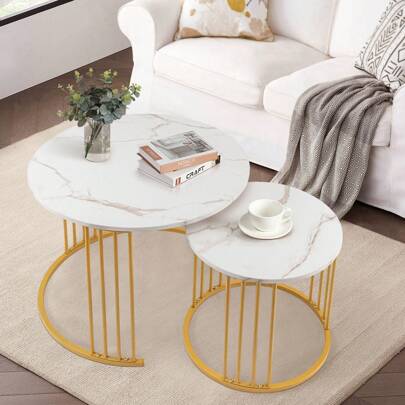 Nesting Coffee Table Set Of 2, Round Table, Morden End Side Table Night Stand For Bedroom Dining Room