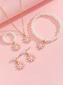 1 Set Cute & Sweet Versatile Oil Drop Flower Charm Pearl Bracelet, Rings, Earrings, Necklace, Accessories