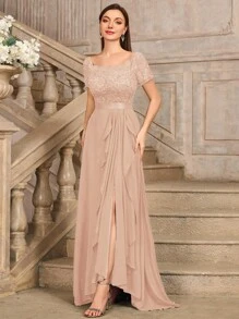 MIUSOL 船领花卉蕾丝撞色雪纺荷叶边下摆晚宴派对婚礼宾客长裙