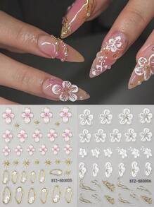 2pcs White Pink Hibiscus Flower Wedding Nails 5D Embossed Nail Art Stickers, French Tips Nails Charm Golden Line & Star Beads Soft Carving Self Adhesive Blooming Floral Design Nail Art Decals For Nail Art Decoration, Nail Supplies
