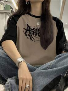 Women's Vintage Punk Rock Gothic Style Colorblock Lightning Graphic Print Round Neck Short Sleeve Pullover T-Shirt - Brown - View 3