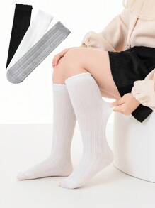 3pcs Girls' Solid Color Hollow Breathable Knee-High Socks - Multicolor - View 4