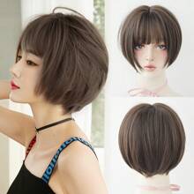 Cold Brown Bob Hair Wigs For Women 12in Short Straight Wig With Bangs,Synthetic Heat Resistant Fiber Wig For Girl Daily Party Use - Brown - View 11
