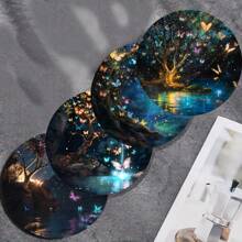 4pcs/Set Moonlight Butterfly, Striped Plaid Series Printed Wooden Coasters - Heat Insulation Wooden Cup Mat, Suitable For Tea Cups, Coffee And Beverage Cups, Ideal For Home And Restaurant Decor, Collectable Wooden Coasters