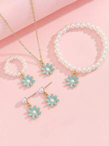 1 Set Cute & Sweet Versatile Oil Drop Flower Charm Pearl Bracelet, Rings, Earrings, Necklace, Accessories