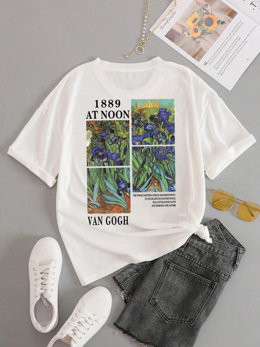 女士经典梵高鸢尾花花卉艺术印花 T 恤，夏季 - 白色 - 查看 1