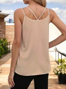 Women's Basic Blouse With Crossed Straps And V-Neckline - Khaki - View 4