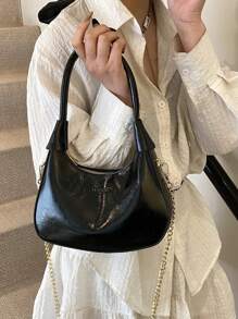 1pc Solid Color Emboss Letter Crescent Moon Bag, PU Material Handbag With Metal Chain Crossbody, Zipper Closure, Elegant Women Shoulder Bag Suitable For Daily, Dating, Shopping, Party, Gift - Black - View 6