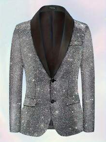 I FineLong 男士撞色翻领长袖派对闪亮时尚西装外套