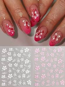 芙蓉花指甲贴纸，芙蓉花指甲贴花 3D 自粘白色粉色彩色夏威夷花卉指甲贴纸樱花指甲设计夏季装饰美甲