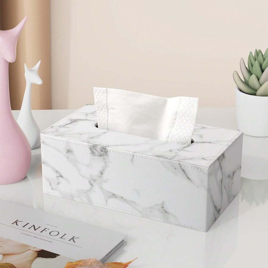 White Marble Texture Paper Towel Box, PU Leather With White Stitching Tissue Box Holder Bathroom Organizer Bathroom Decor Fall Decor Back To School