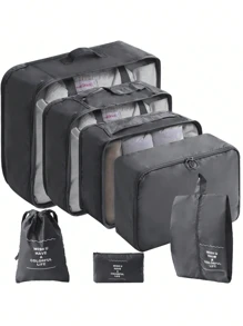 7pcs/Set Packing Cubes For Suitcases Travel Luggage Packing Organizers, Travel Essentials Luggage Organizer For Travel Accessories Shoe Bag Tioletry Bag Laundry Bag Travel Must Haves - Black - View 1