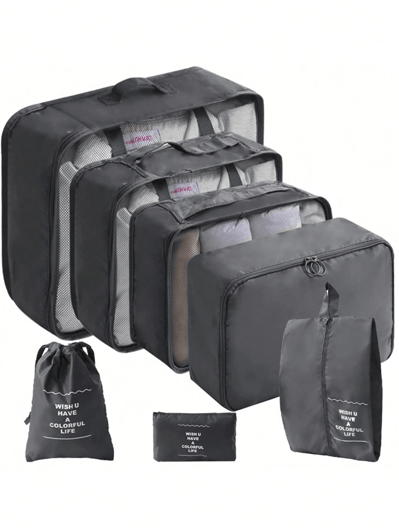 7pcs/Set Packing Cubes For Suitcases Travel Luggage Packing Organizers, Travel Essentials Luggage Organizer For Travel Accessories Shoe Bag Tioletry Bag Laundry Bag Travel Must Haves - Black - View 1