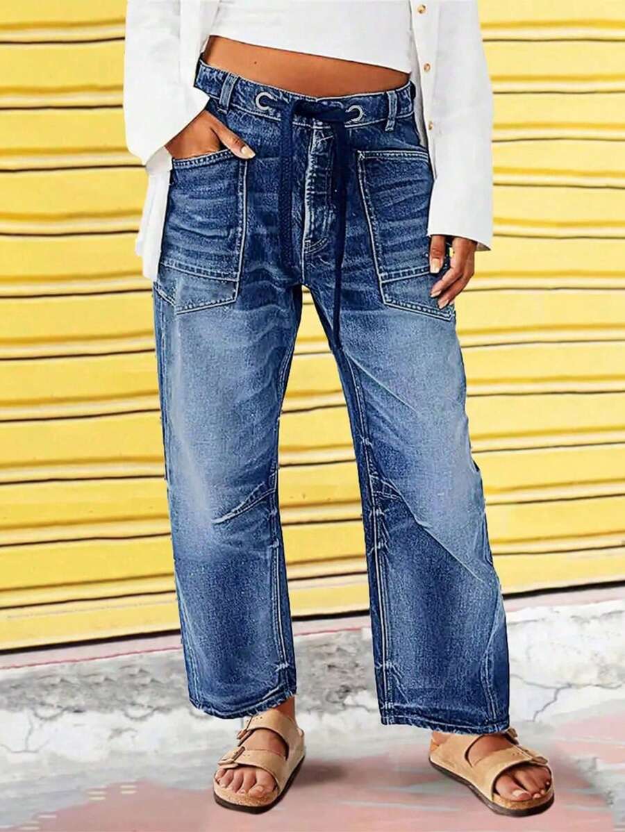 Wide Leg Mid Waist Causal Baggy Barrel Jeans For Women Drawstring Eyelet Waist Denim Pants(The Size Is Slightly Small; It Is Recommended To Order One Size Up.) - Dark Wash - View 1