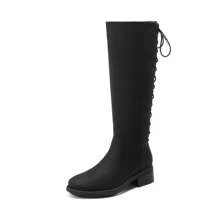 Women's Knee-High Boots, Comfortable Chunky Block Heel Pointed Toe Pull On Side Zipper Suede Slouch Riding Boots - Black - View 2